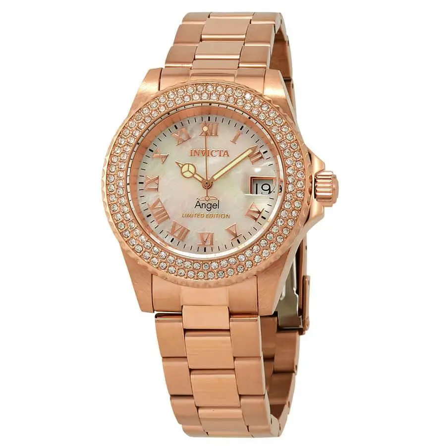 Invicta Angel Crystal White Mop Dial Ladies Watch 24615 - Dial: White Mother of Pearl, Band: Rose Gold-plated, Bezel: Rose Gold-plated