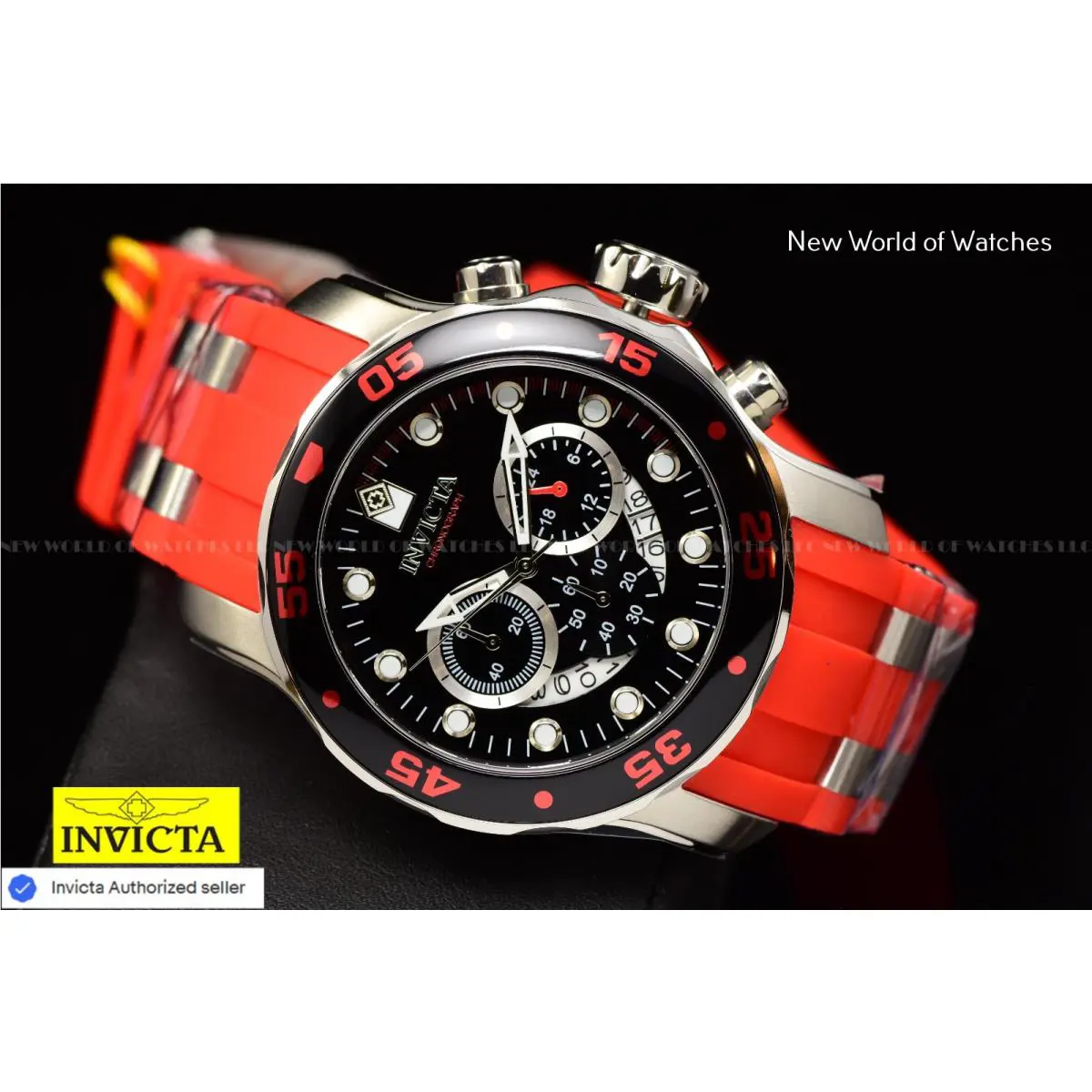 Invicta Men`s Pro Diver 48mm Black Chronograph Dial Red Silicone Band Qrtz Watch