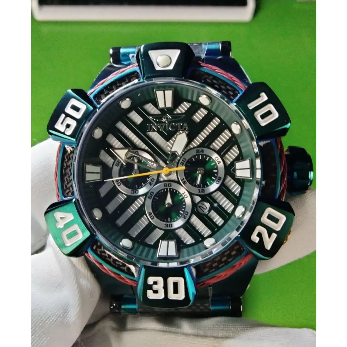 Invicta Bolt 46349 Men’s Watch 52mm Green Carbon Fiber Chronograph Cable Bezel