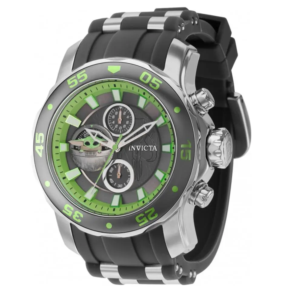 Invicta Star Wars The Child Men`s 48mm Baby Yoda Limited Chronograph Watch 36603 - Dial: Gray,Green,Multicolor,White, Band: Gray, Manufacturer Band: Black