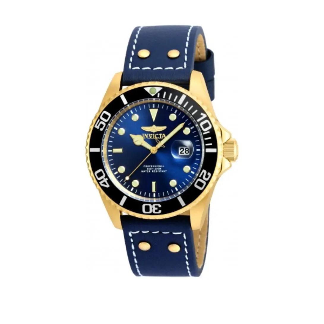 Invicta Pro Diver Blue Dial Blue Leather Men`s Watch 22076 - Dial: Blue, Band: Blue, Bezel: Gold, Blue, Black