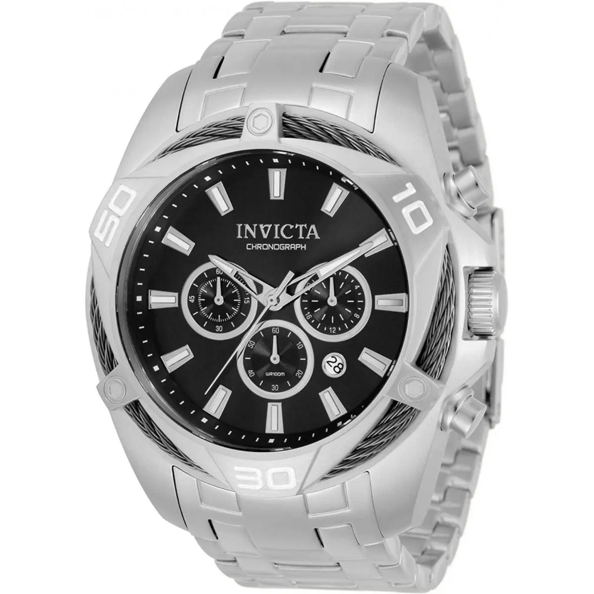 Invicta Men`s Watch Bolt Chronograph Black and Silver Tone Dial Bracelet 34118