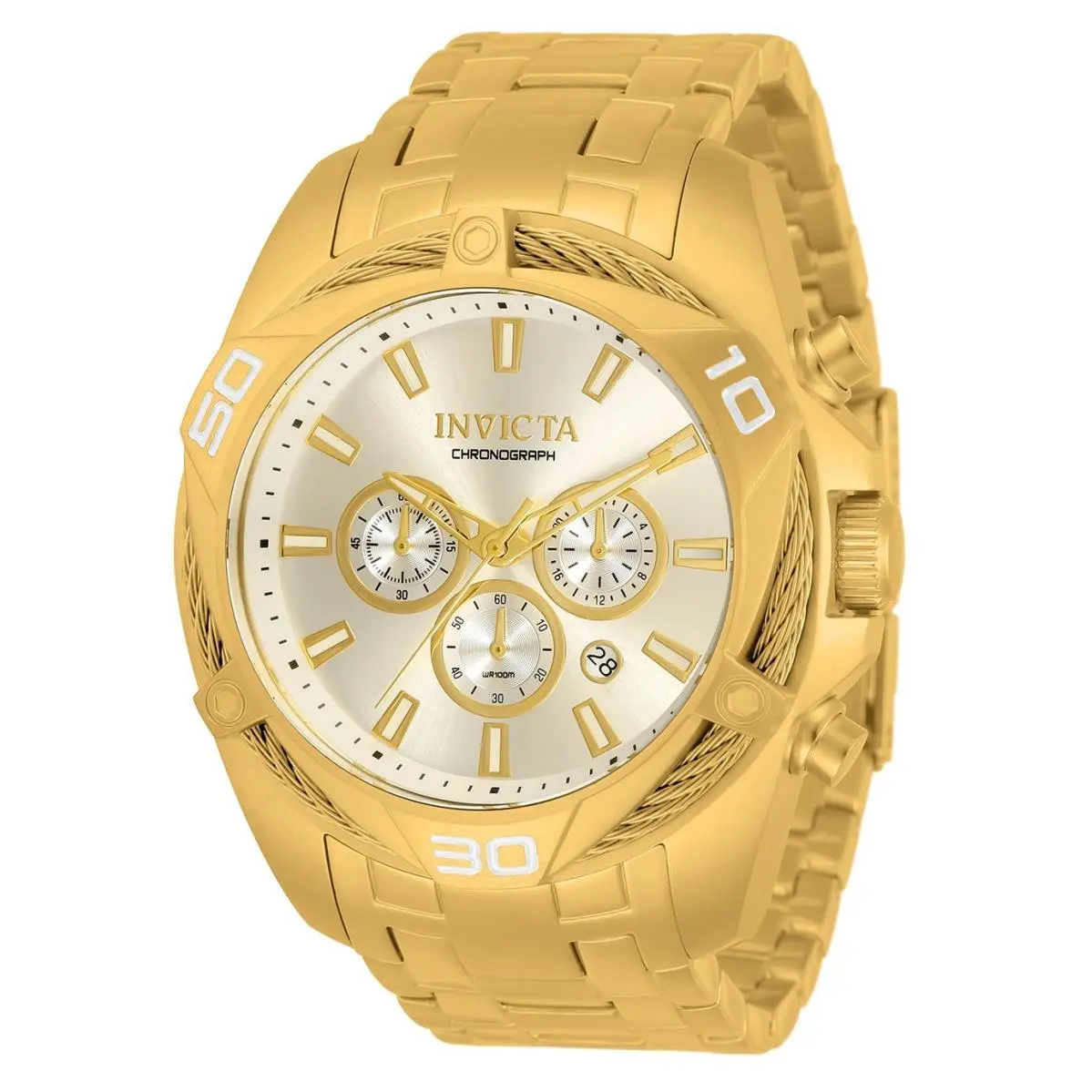 Invicta Men`s 50mm Bolt Quartz Chronograph Gold Tone Silver Dial Bracelet Watch - Dial: Gold, Band: Yellow Gold, Bezel: Yellow Gold