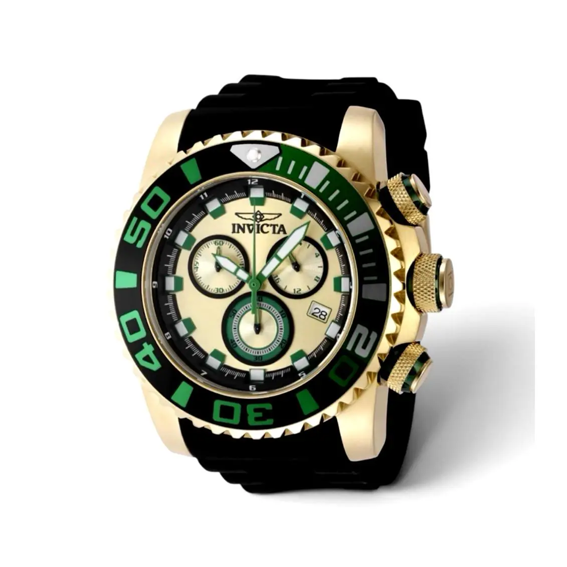 Invicta Sea Hunter Gold Men`s 52mm Black Green Fly Back Chrono Watch 48987 - Dial: Black, Gold, Green, White, Yellow, Black,Gold,Green,Multicolor,White,Yellow, Band: Black, Bezel: Black, Green, Silver, Black,Green,Silver