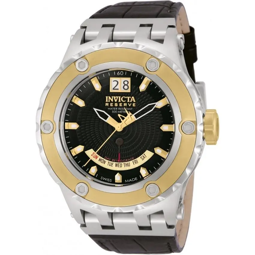 Invicta Reserve Subaqua Day/date Black Dial Black Leather Men`s Watch 10093 - Dial: Black, Band: Black, Bezel: Gold