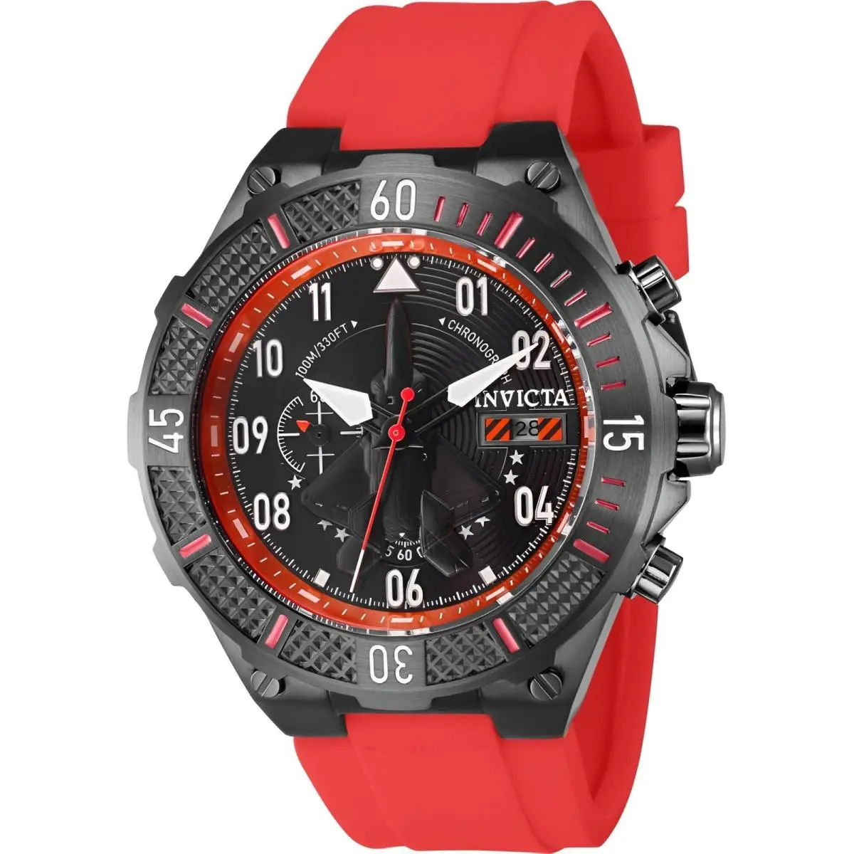 Men`s Watch Aviator Quartz Chrono Black Dial Red Silicone Strap 39897 by Invicta