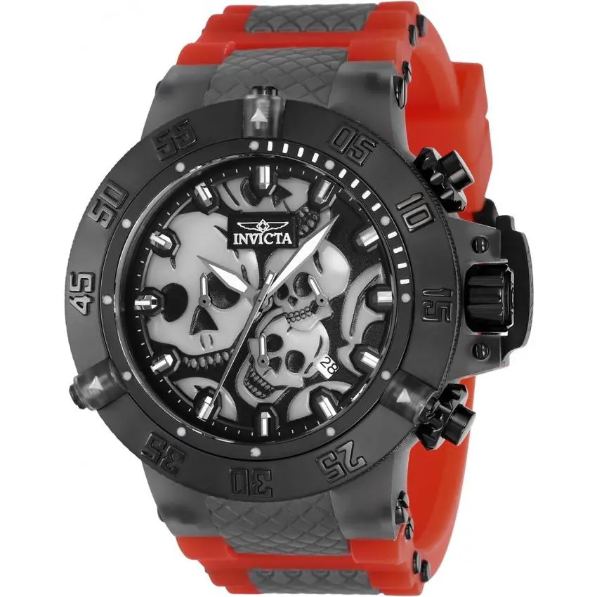 Invicta Mens 50mm Subaqua Noma Iii Quartz Chronograph Skull Dial Red/black Watch - Dial: SKULL SESIGNED SILVER/BLACK, Band: Gray, Red, Bezel: Black