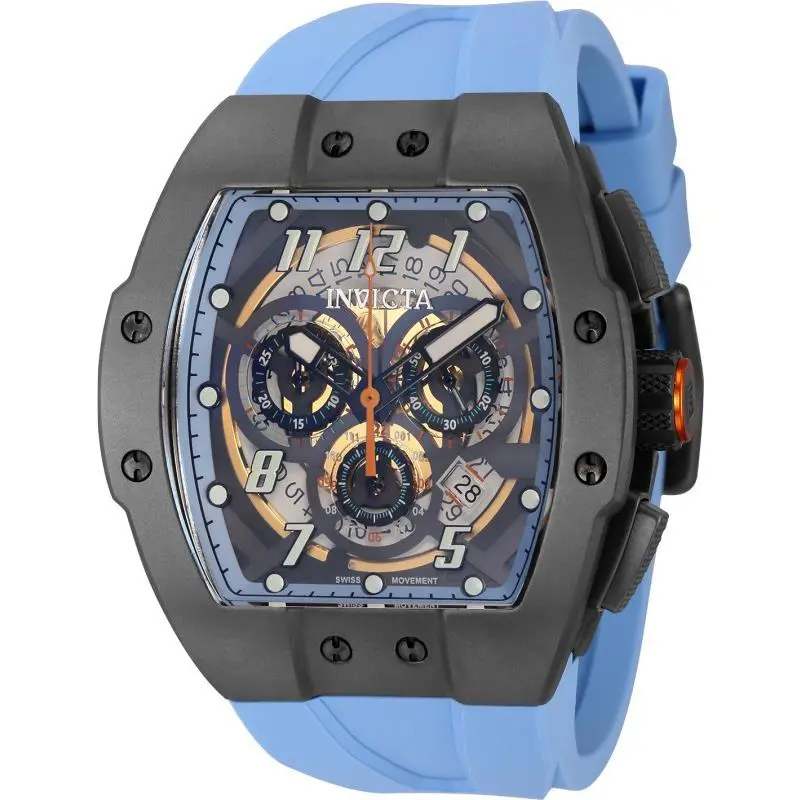 Invicta Men 47mm JM Correa Swiss Chronograph Lite Blue Crystal Sapphire SS Watch - Dial: Transparent, Band: Light Blue, Bezel: Titanium Black
