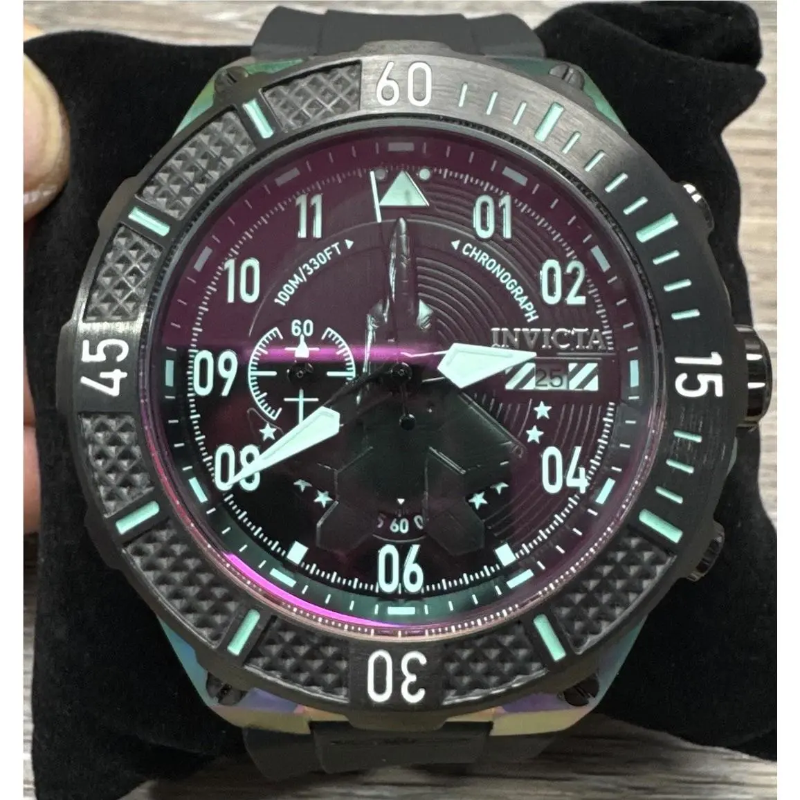 Invicta Aviator Ascend Watch 50 mm Men Black Iridescent Case Black Dial - Dial: Black, Band: Black, Bezel: Silver, Black