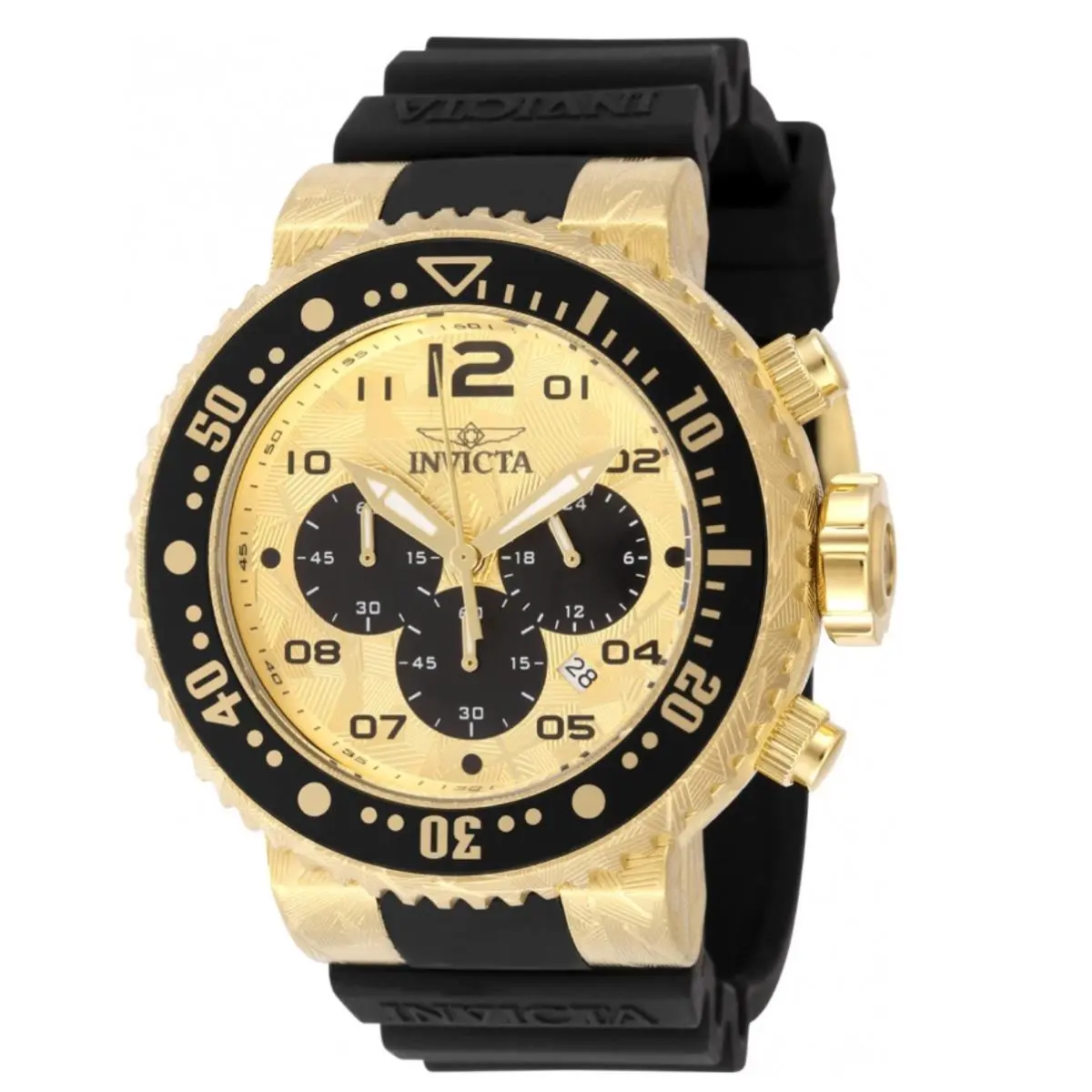 Invicta Pro Diver Laser Acid Etched Geo Case Men`s 52mm Gold Chrono Watch 48618 - Dial: Black, Gold, Yellow, Black,Gold,Yellow, Band: Black, Bezel: Black, Gold, Yellow, Black,Gold,Yellow