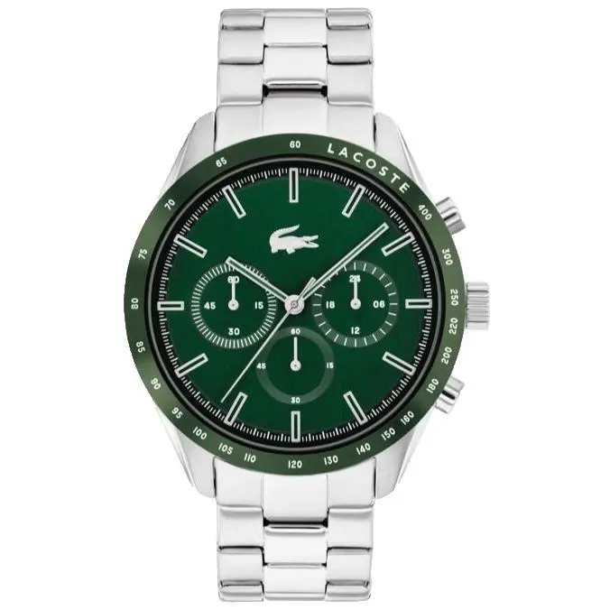 Lacoste Boston 2011080 Chronograph Green Dial Silver Breacelet 42MM Mens Watch - Dial: Green, Band: Silver, Bezel: Green