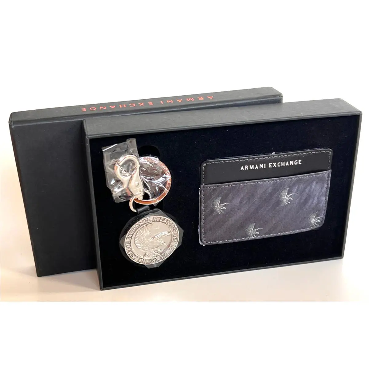 Armani Exchange Aix Eagle Logo Card Holder Wallet Key Chain Gift Set Bnwt/box