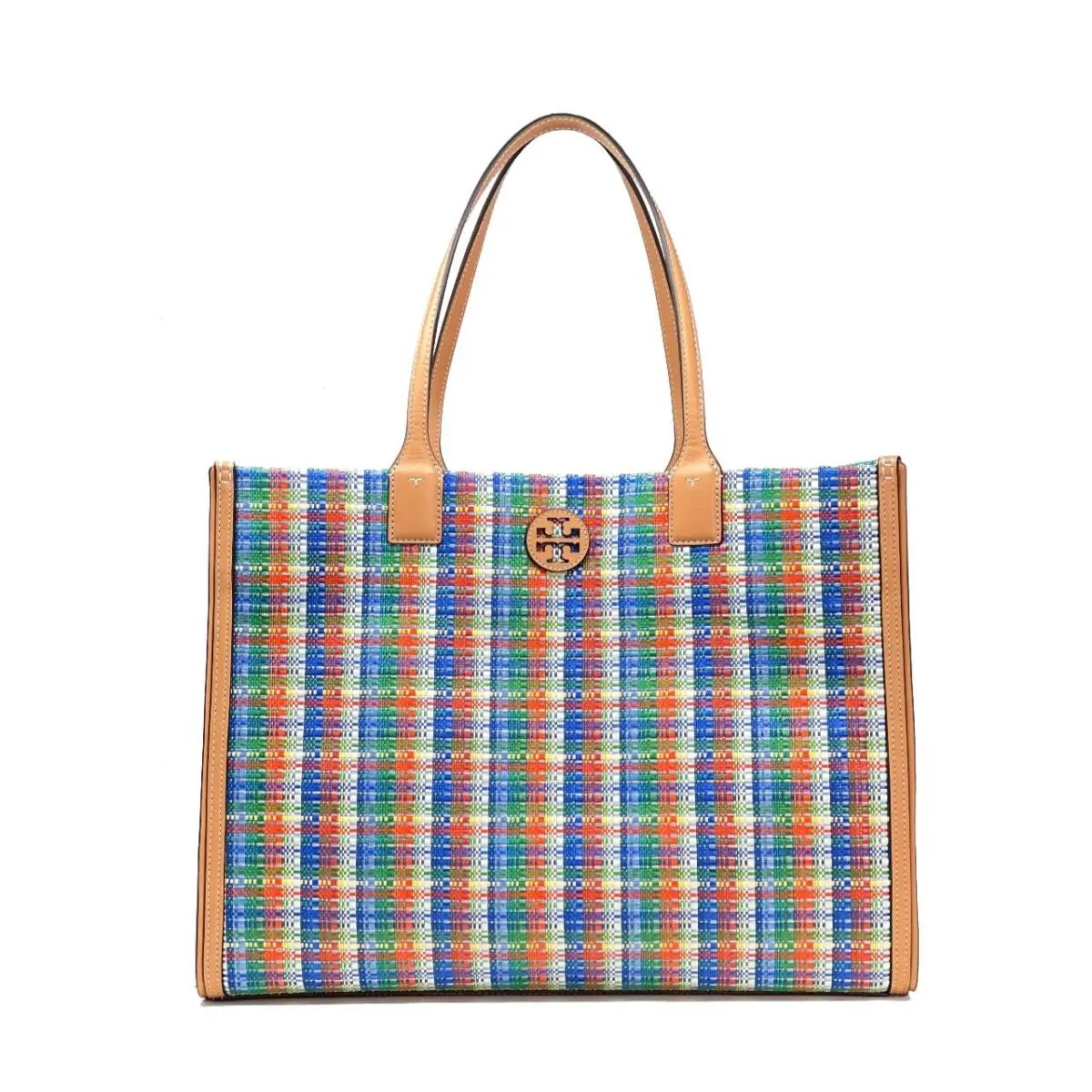 Tory Burch Women`s Ella Poly Woven Nylon Tote Tory Navy / Multi 146436 - Handle/Strap: Brown, Hardware: Gold, Exterior: Multicolor
