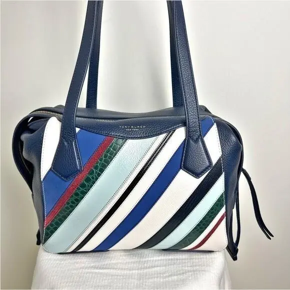 Tory Burch Women`s Blue Perry Balloon Stripe Satchel Leather Bag