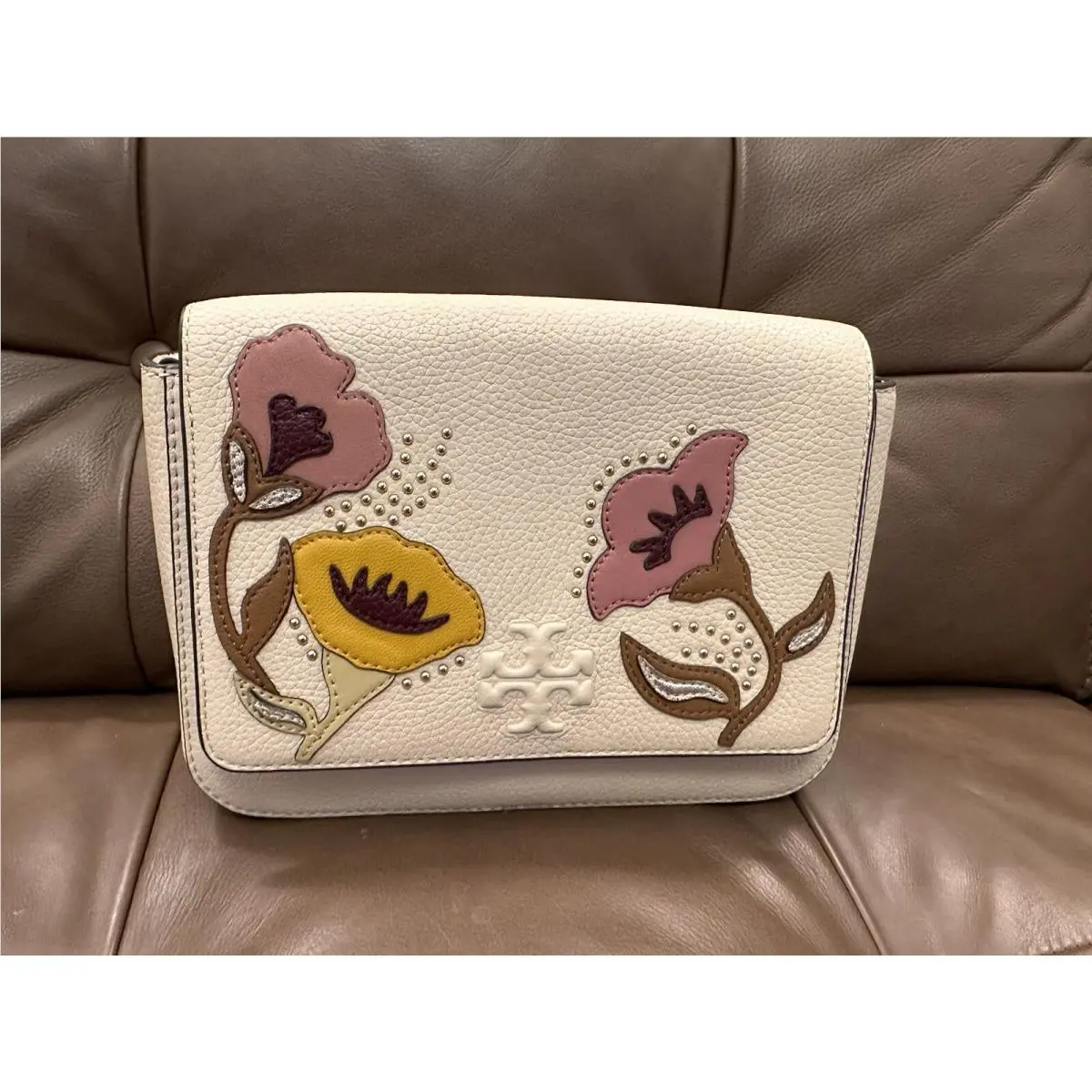 Tory Burch Thea Appliqué Flap Crossbody Ivory Color Double Strap. Rare
