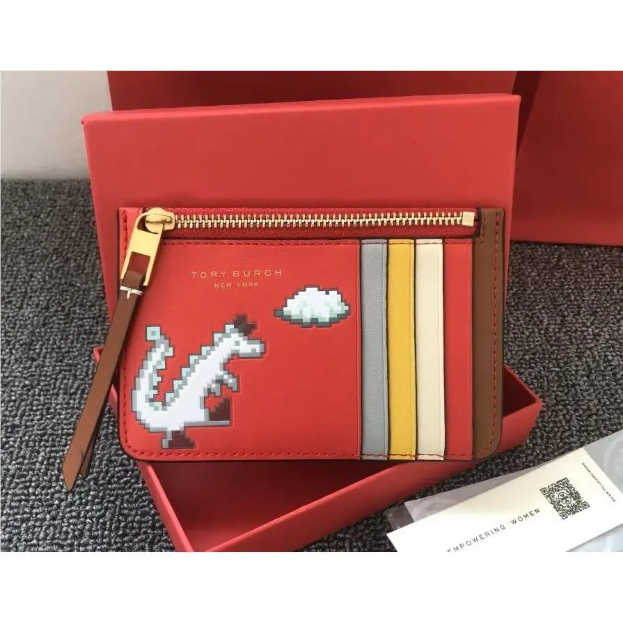 Tory Burch Year Of The Dragon Red Top Zip Card Leather Wallet