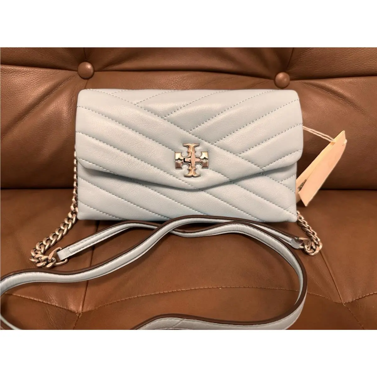 Tory Burch Kira Chevron Chain Wallet Color Light Celeste Size OS