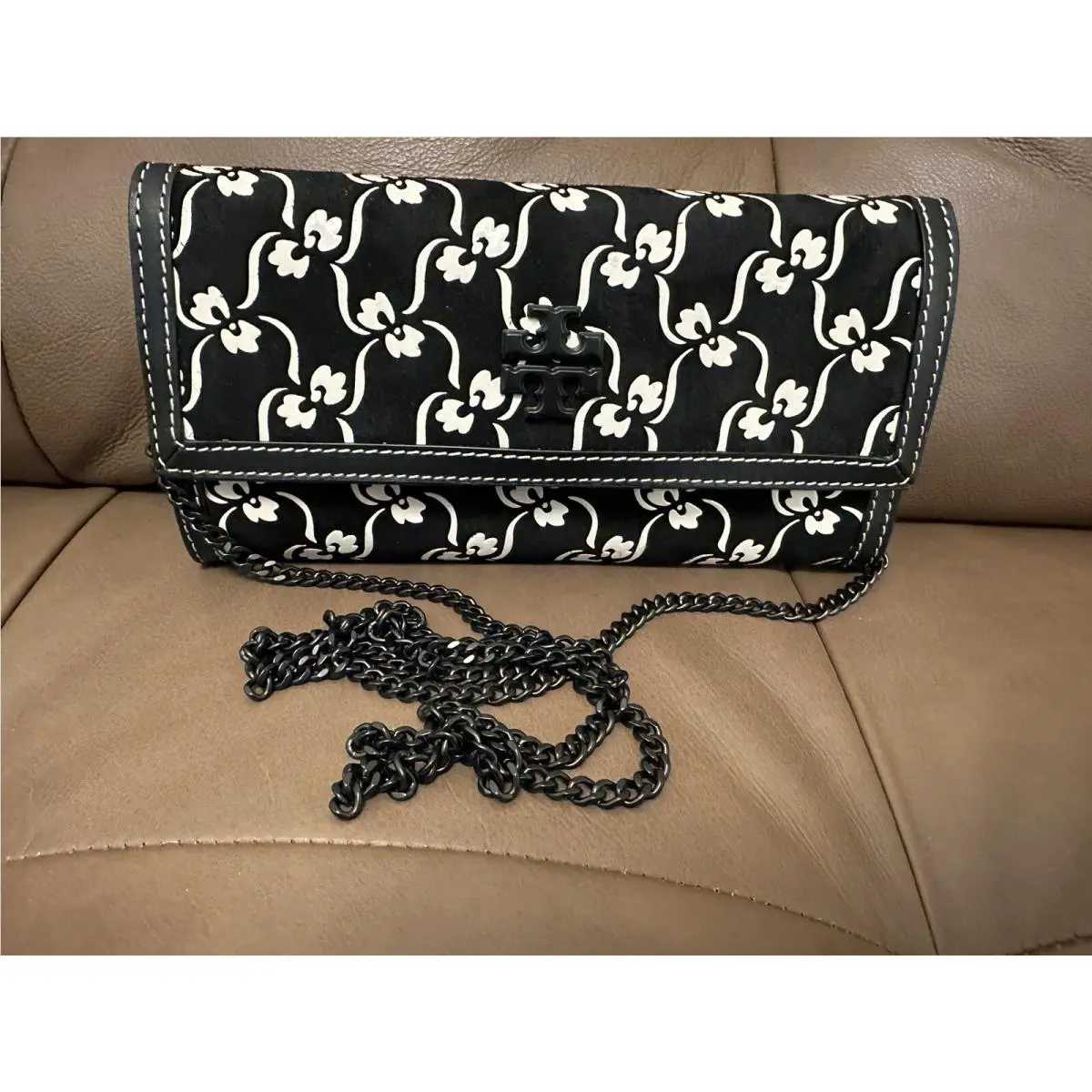 Tory Burch Juliette Floral Chain Wallet Black Japanese Floral Small Black/white
