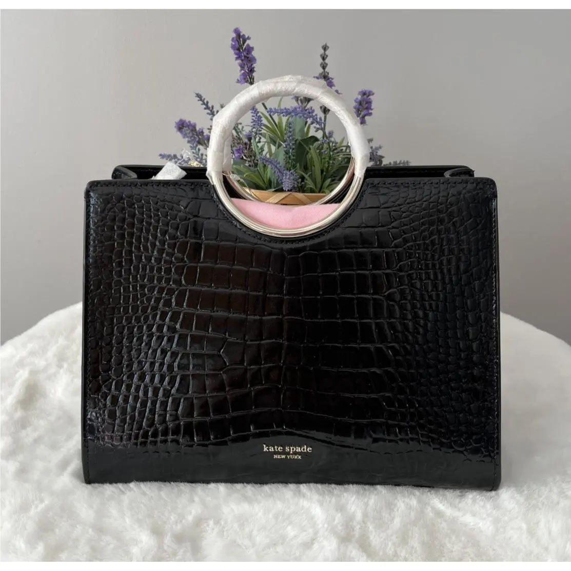 Kate Spade Sam Bracelet Croc Embossed Leather Satchel Black