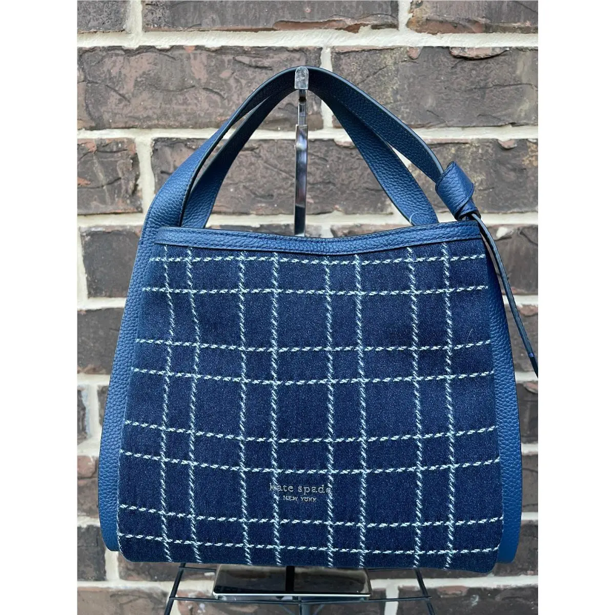 Kate Spade Knott Denim Check Medium Crossbody Tote Indigo Multi Blue