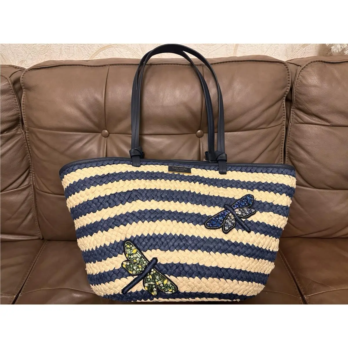 Kate Spade Shore Thing Dragonfly Embellished Striped Straw Large Tote