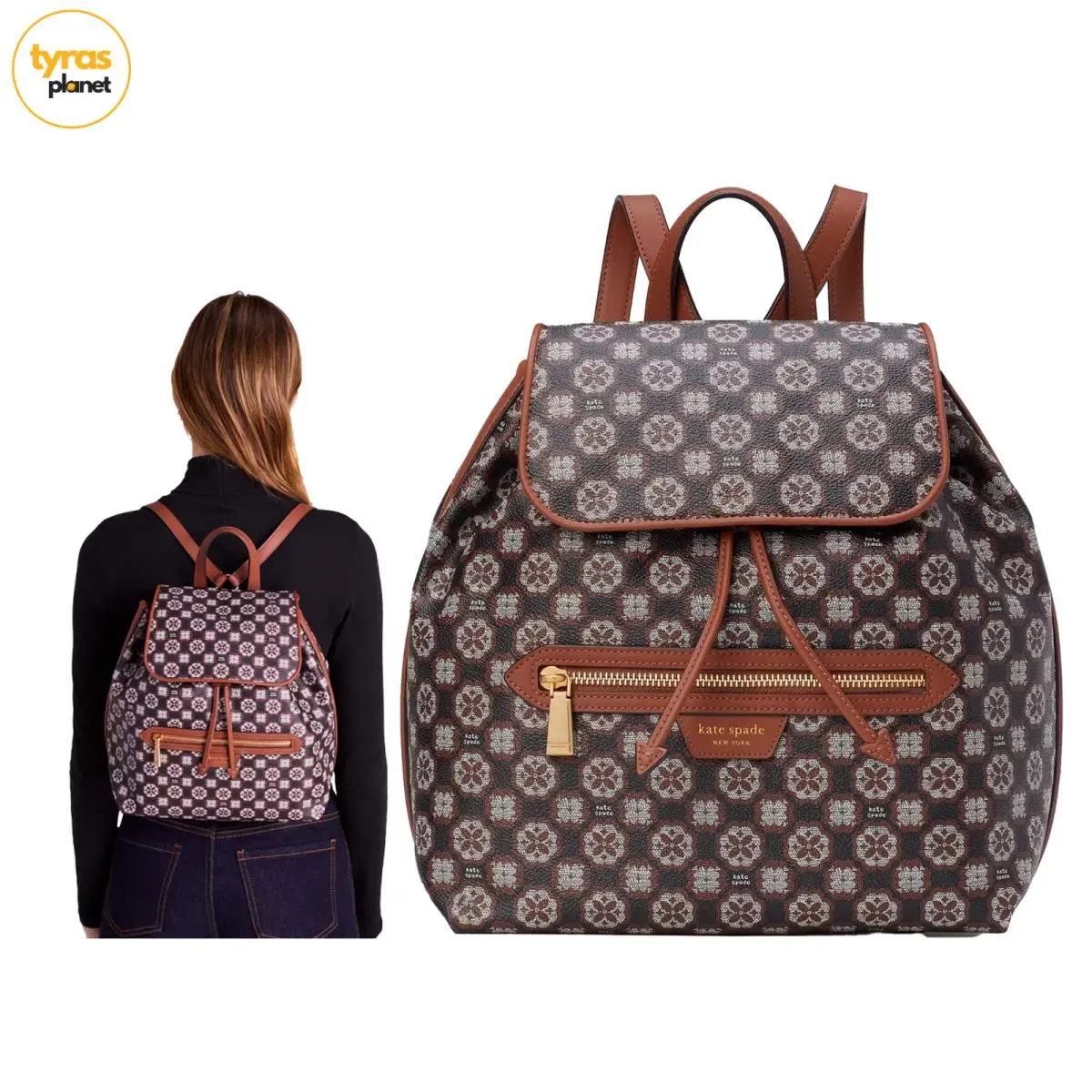Kate Spade NY Flower Monogram Mia Flap Backpack Black Multi Canvas K9028-1