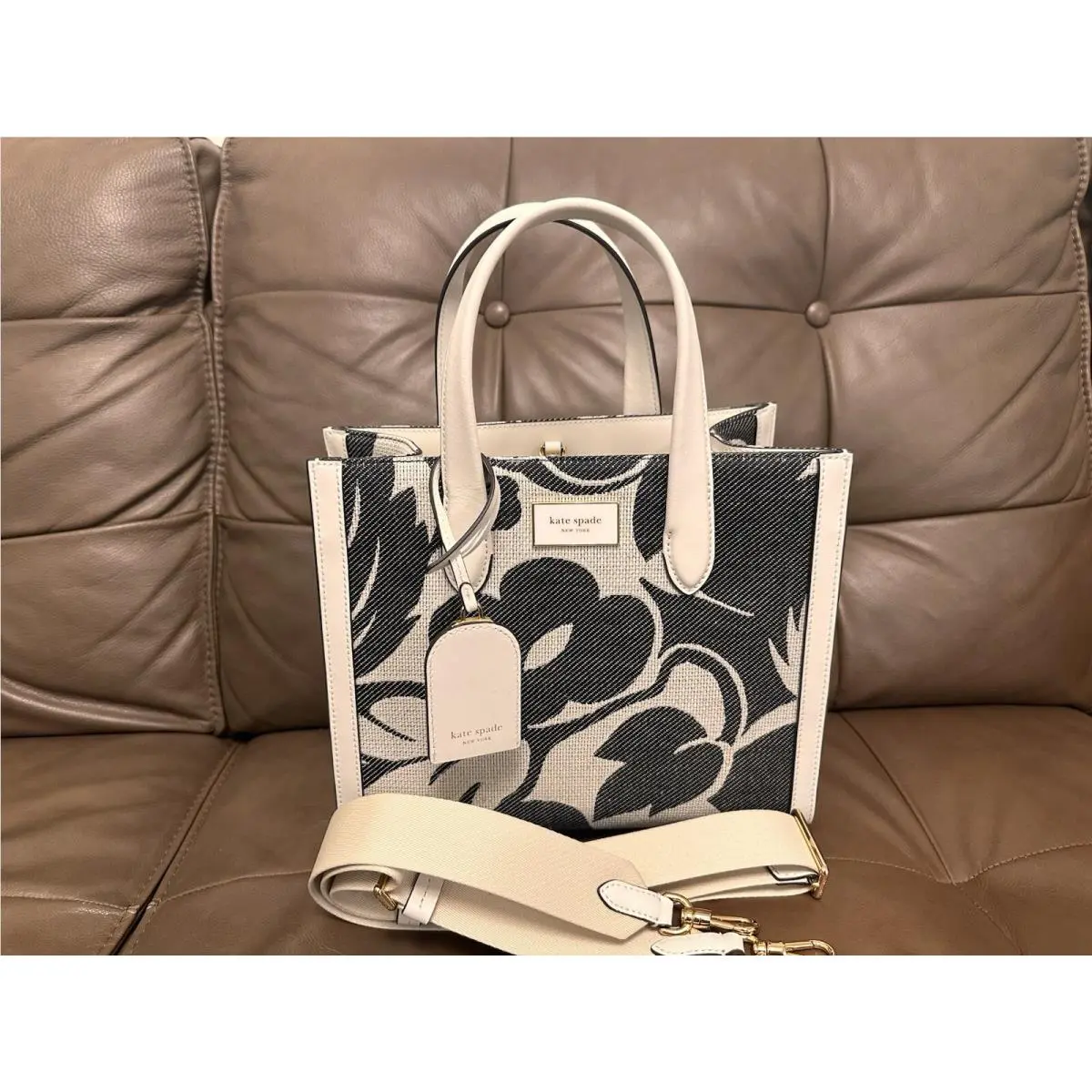 Kate Spade Floral Manhattan Tropical Foliage Tote Black White Bag KH226
