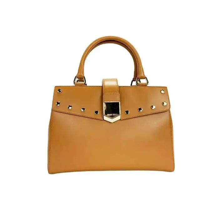 Jimmy Choo Lockett Brown Leather Gold Studded Medium Size Top Handle Bag - Handle/Strap: Brown, Exterior: Brown, Lining: Brown