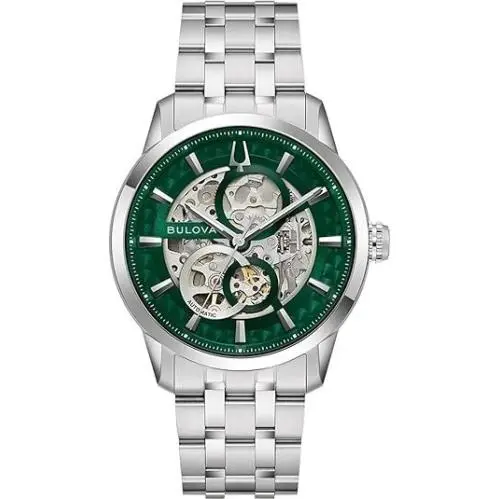 Bulova 96A329 Men`s Watch Stainless Steel Band Green Skeleton Dial