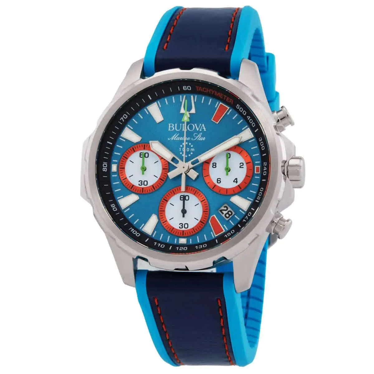 Bulova Marine Star E1 Team Miami Chronograph Quartz Blue Dial Men`s Watch 96B460 - Dial: Blue, Band: Blue, Bezel: Silver-tone