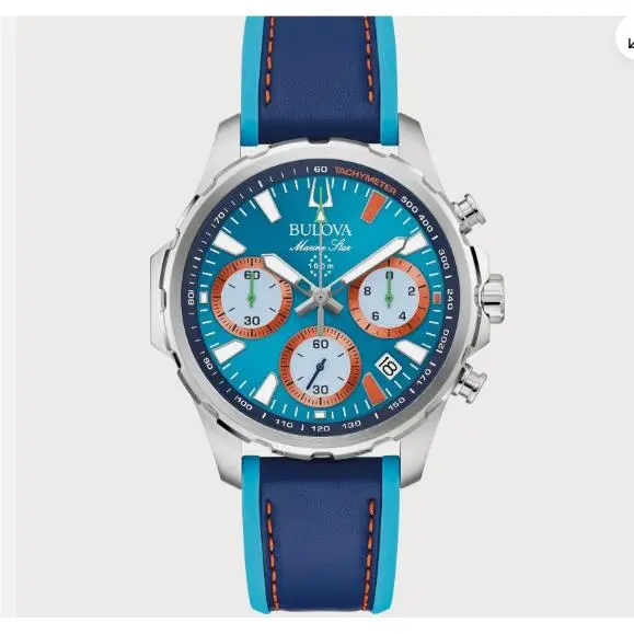 Men`s Marine Star Chronograph Small Second Quartz Blue Watch 43MM 96B460 by Bulova