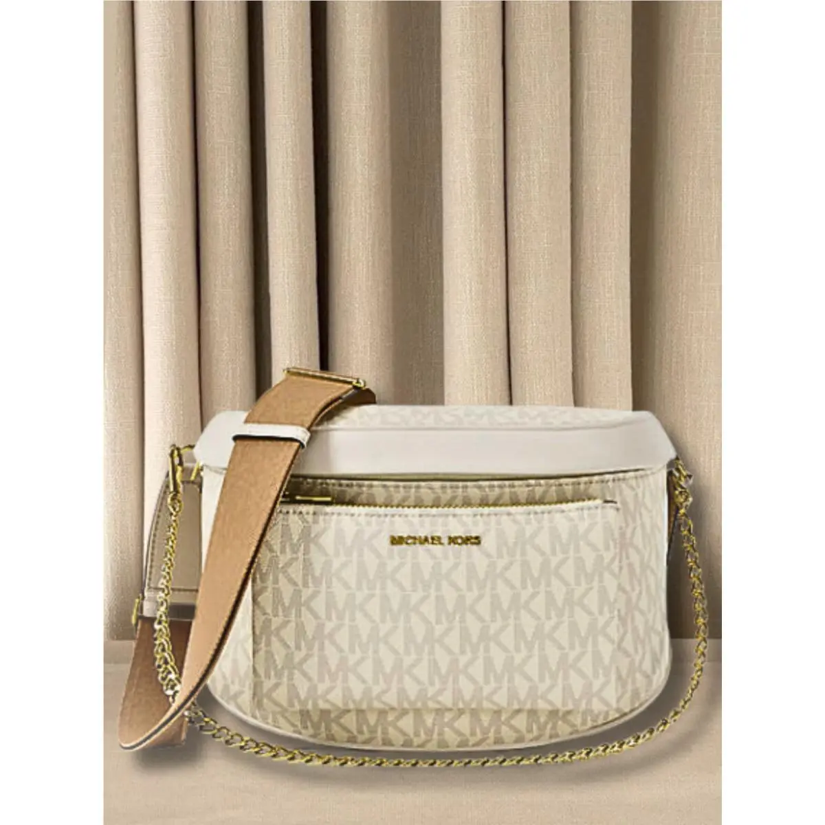 Slater Women Medium Signature Logo Chain Sling Pack Crossbody Bag LIGHT CREAM MULTI by Michael Kors
