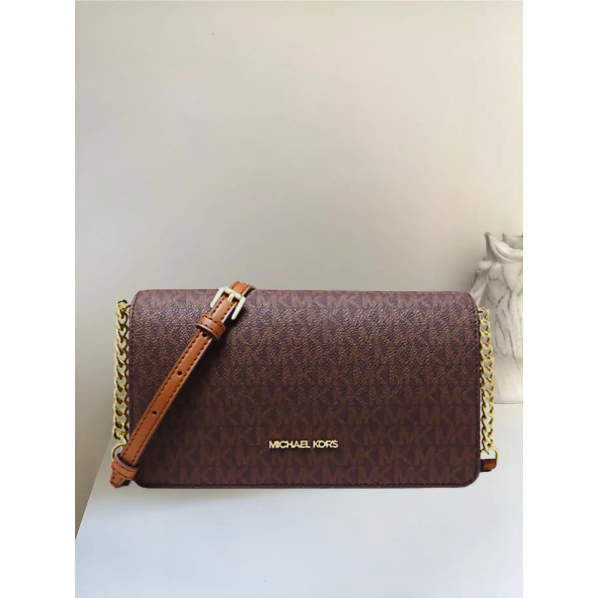 Jet Set Women Medium Signature Logo Chain Full Flap Crossbody Bag BROWN by Michael Kors