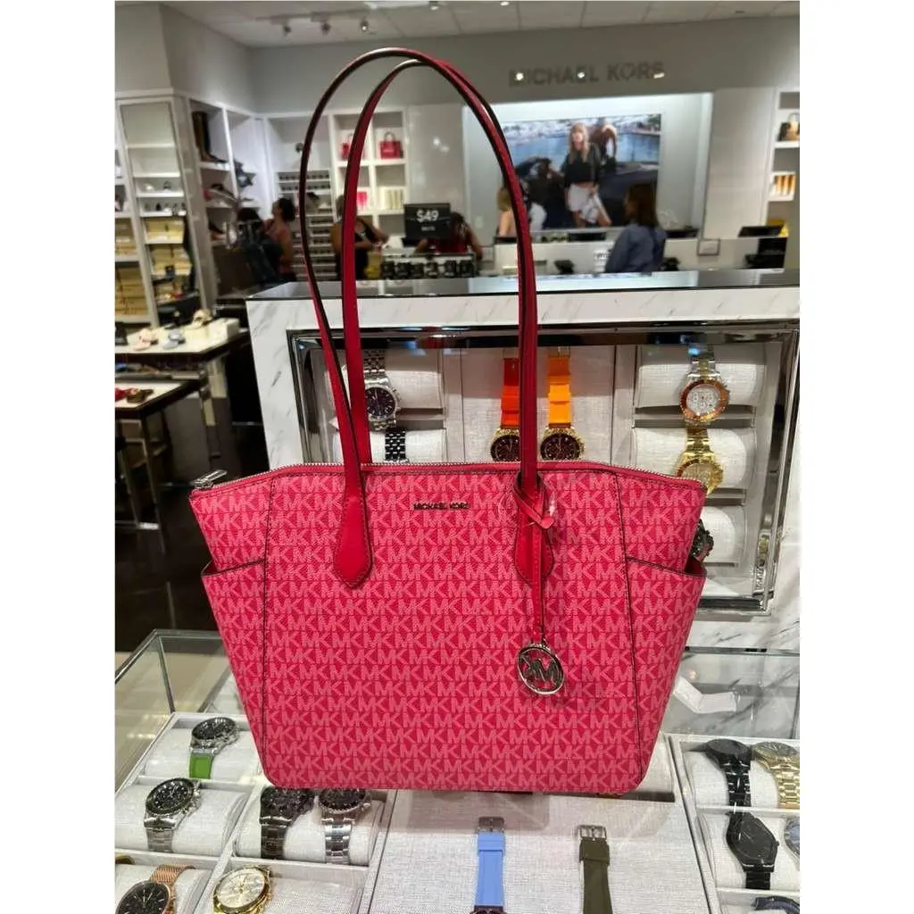Marilyn Medium Logo Charm Shoulder Handbag Tote Bag Pvc or Leather DARK RASPBERRY by Michael Kors