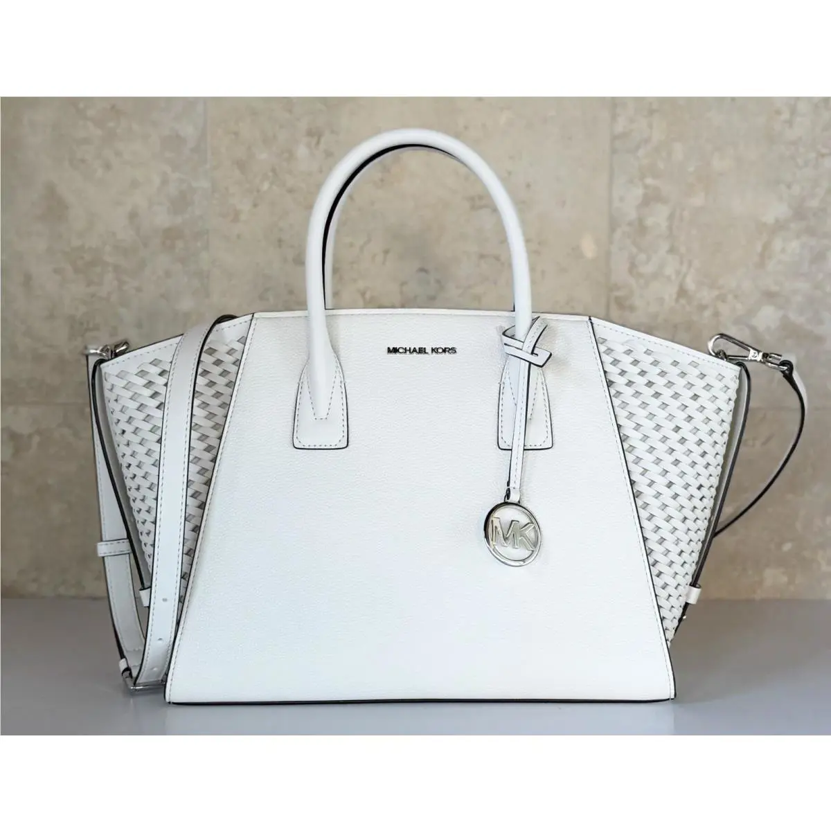 Michael Kors Avril LG Top Zip Satchel Shoulder Crossbody Bag Braided Optic White