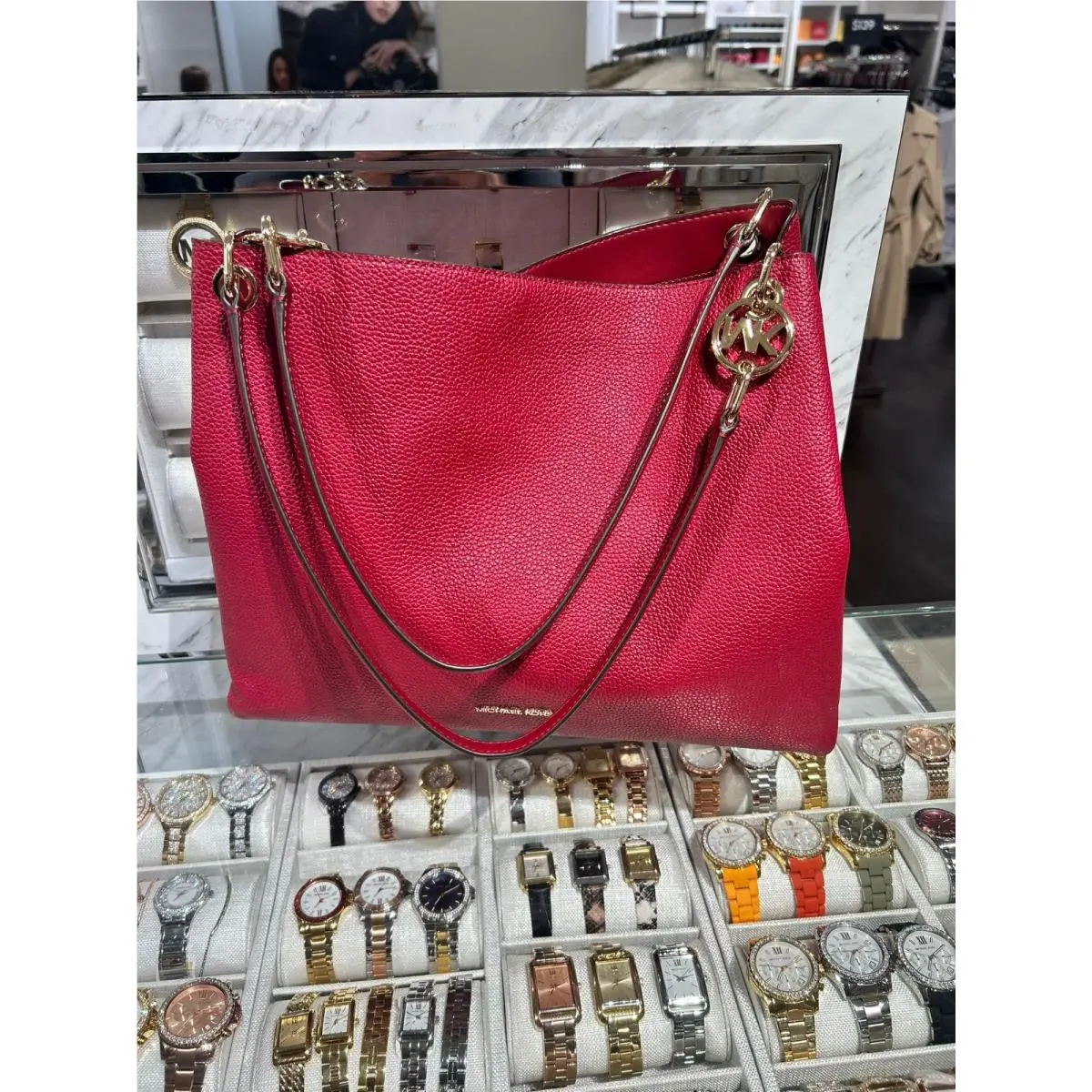 Michael Kors Christina Large Leather Shoulder Tote Satchel Bag Cherry Handbag MK