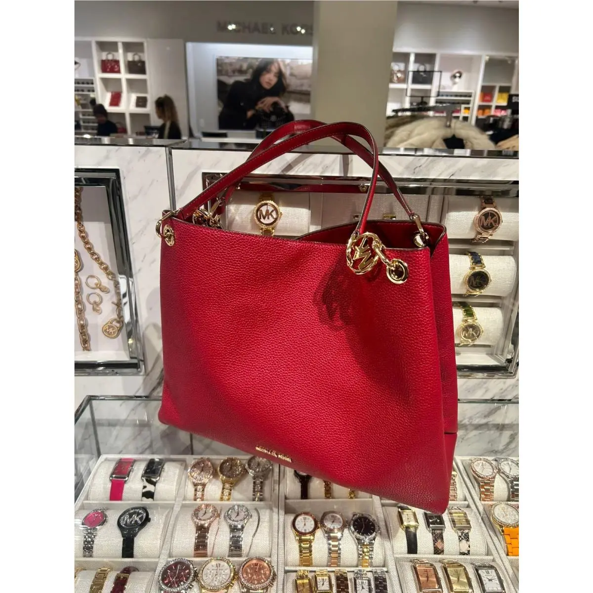 MK Christina Large Leather Shoulder Tote Satchel Bag Cherry Handbag by Michael Kors