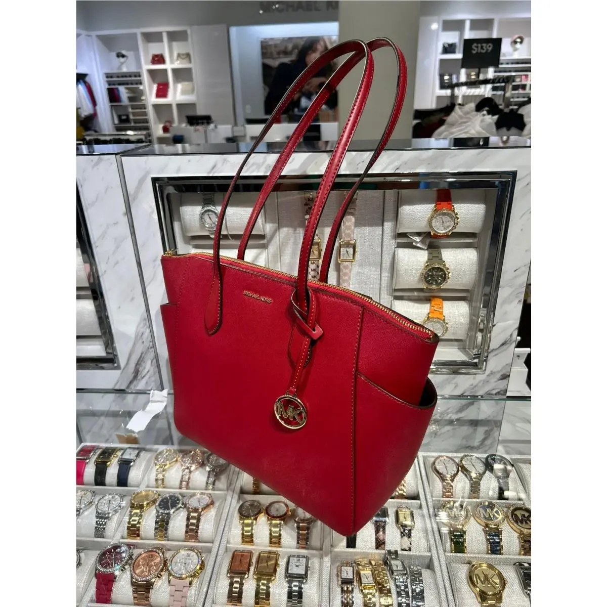 Michael Kors Marilyn Medium Tote Bag Women Leather Handbag Purse Cherry Shoulder