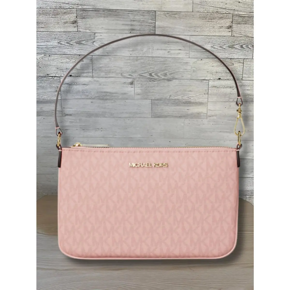 Michael Kors Jet Set Small MK Logo Convertible Wristlet Clutch Powder Blush Pink