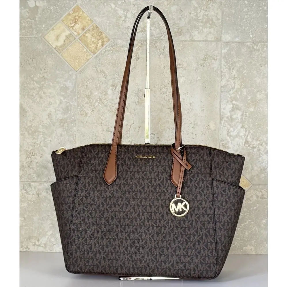 Michael Kors Marilyn Medium Top Zip Shoulder Tote Bag MK Brown