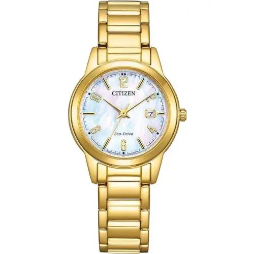 Citizen Eco-drive Women`s Watch Gold-tone Mother of Pearl Dial Date FE1242-78D