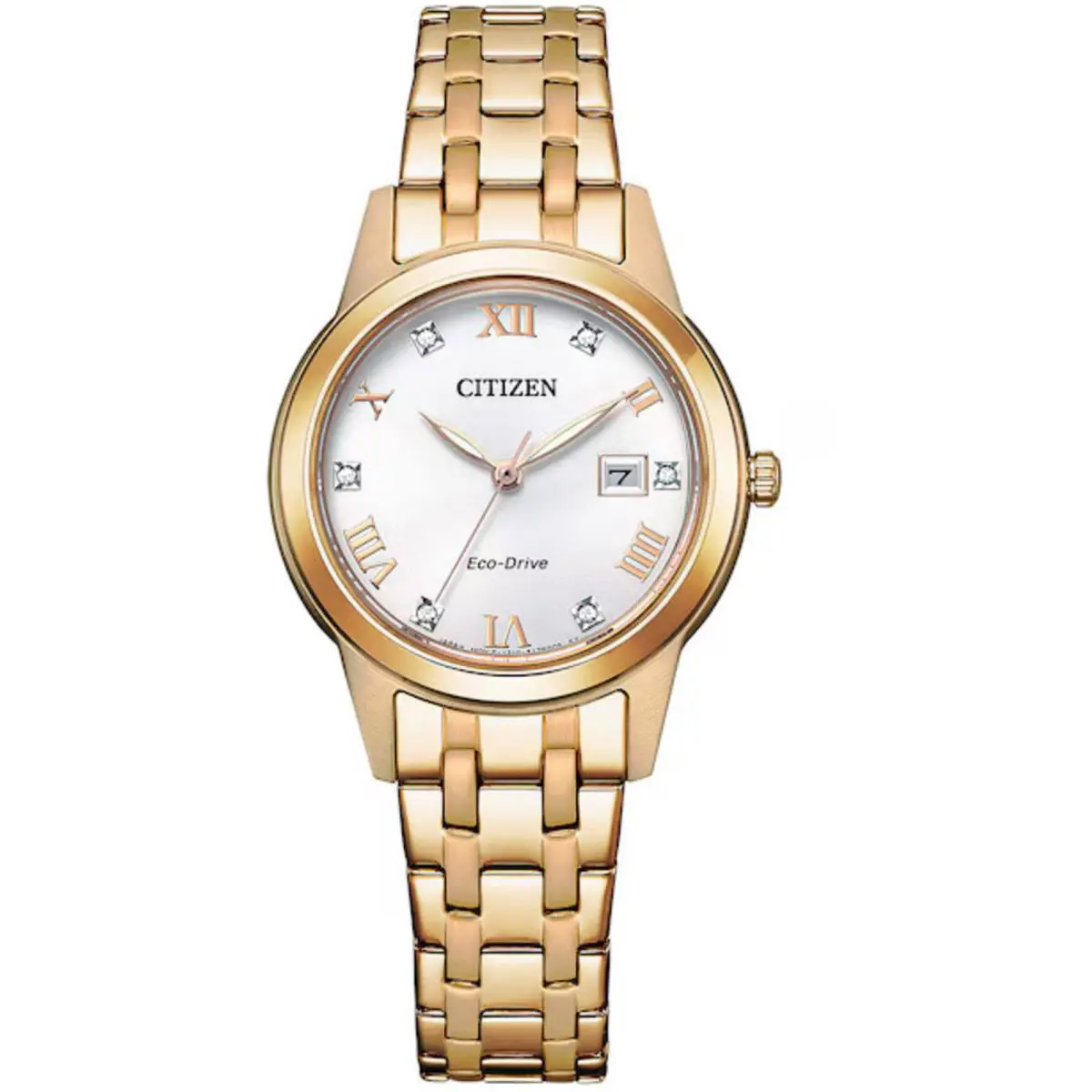 Citizen Women`s Watch Eco-drive Silver Tone Dial Yellow Gold Bracelet FE1243-59A