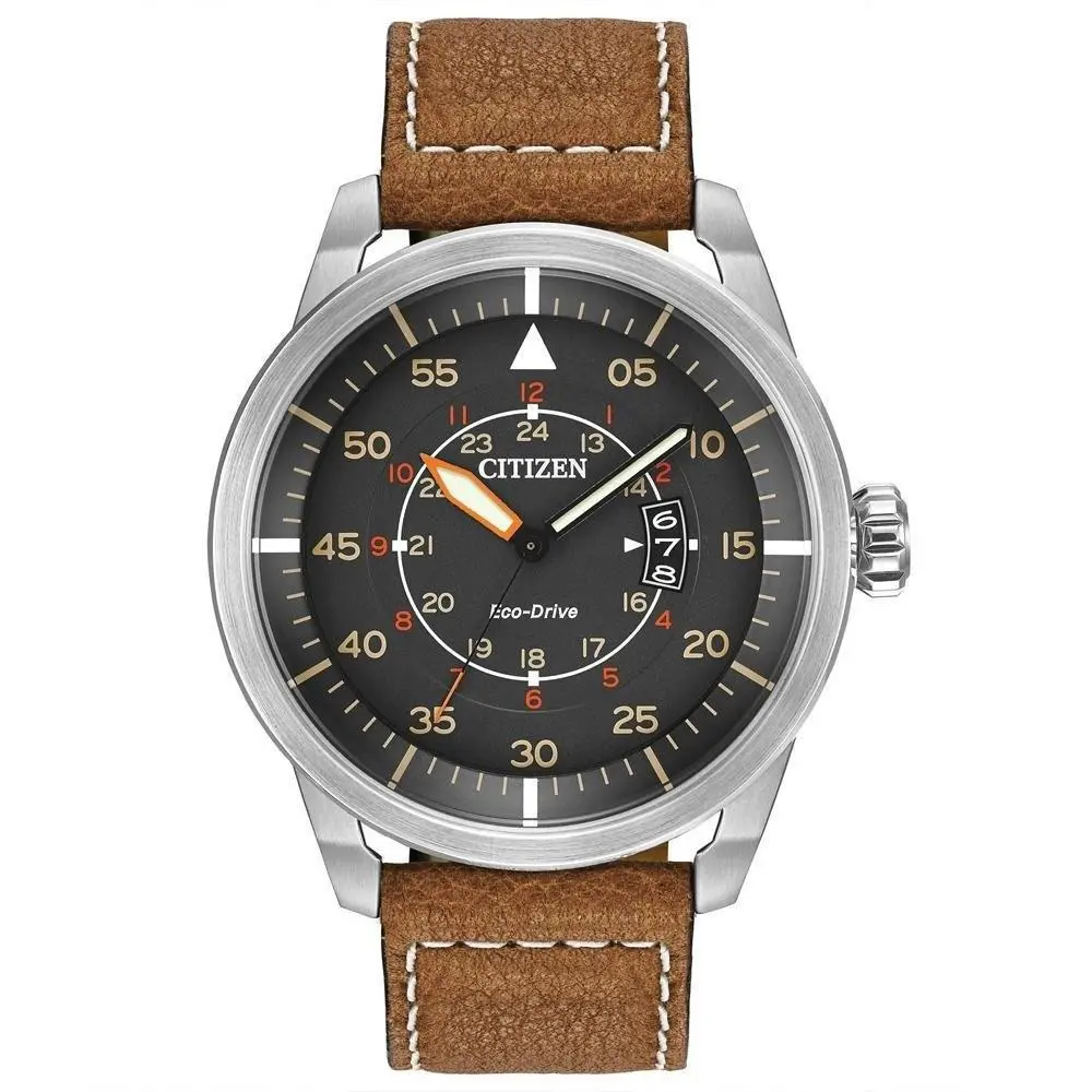 Men’s Eco-drive 3-Hand Date Avion Watch with Leather Strap Brown by Citizen