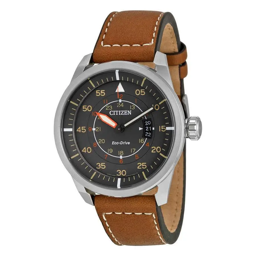 Citizen Avion Dark Grey Dial Men`s Watch AW1361-10H - Grey, Dial: Black, Band: Brown