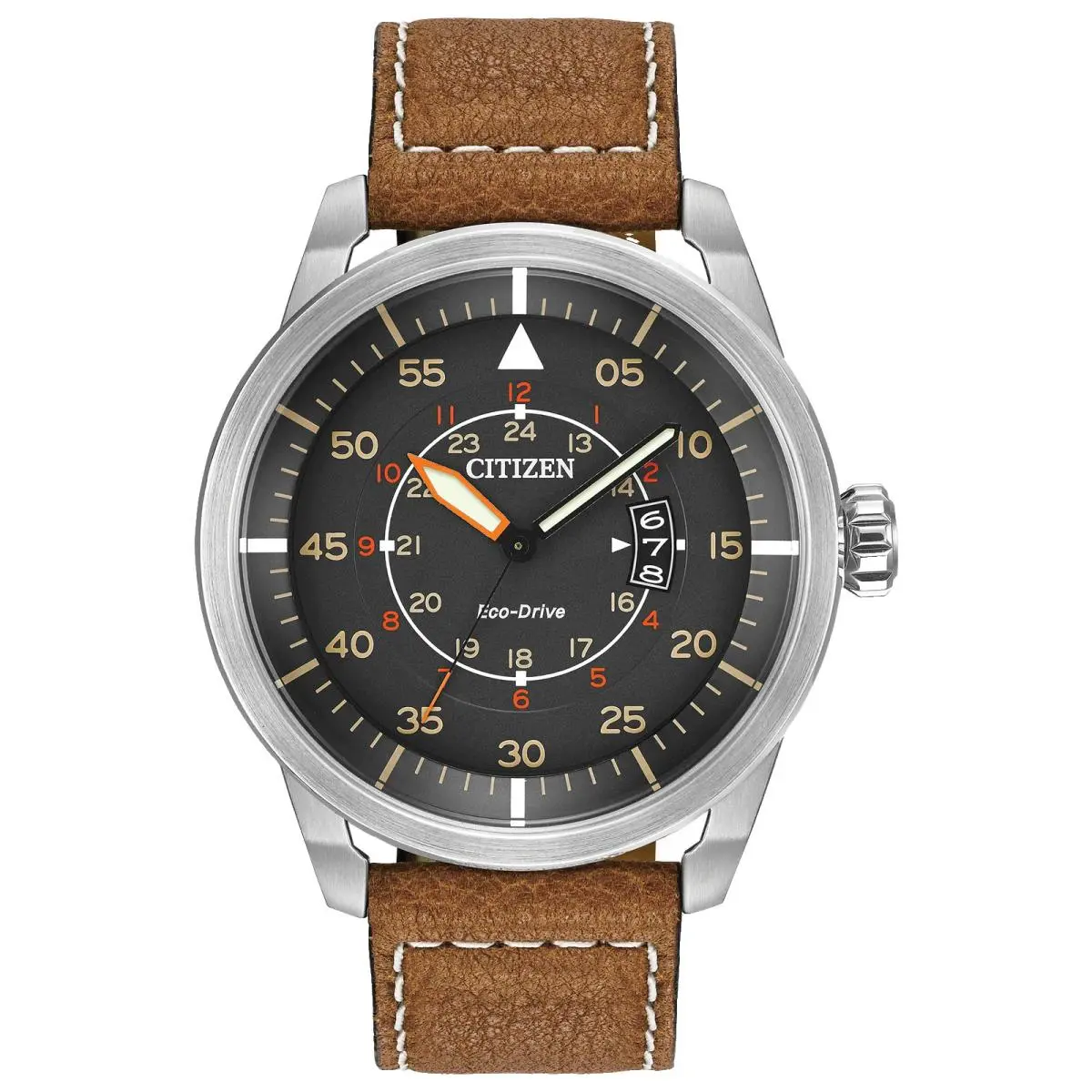 Citizen Avion AW1361-10H Black Dial Brown Leather Strap 45MM Mens Watch - Dial: Black, Band: Brown, Bezel: Silver-Tone