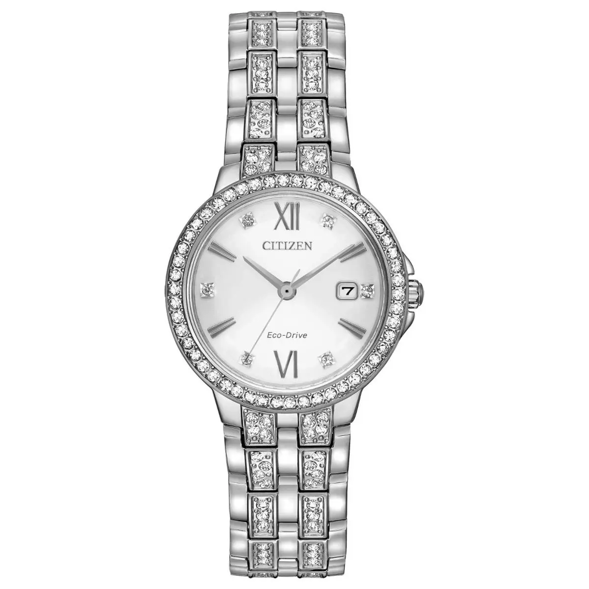 Women`s Crystal Date Window Silver Eco-drive Watch 28MM EW2341-63A by Citizen
