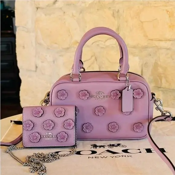 Coach Satchel Crossbody Bag Floral Applique + Wallet On Chain Lilac CAJ99