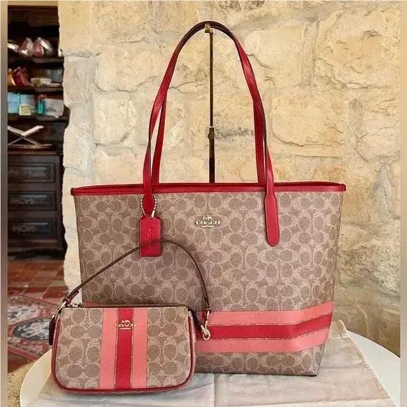 Coach City Tote Signature Stripe Shoulder Bag Handbag Canvas+nolita 19 Purse