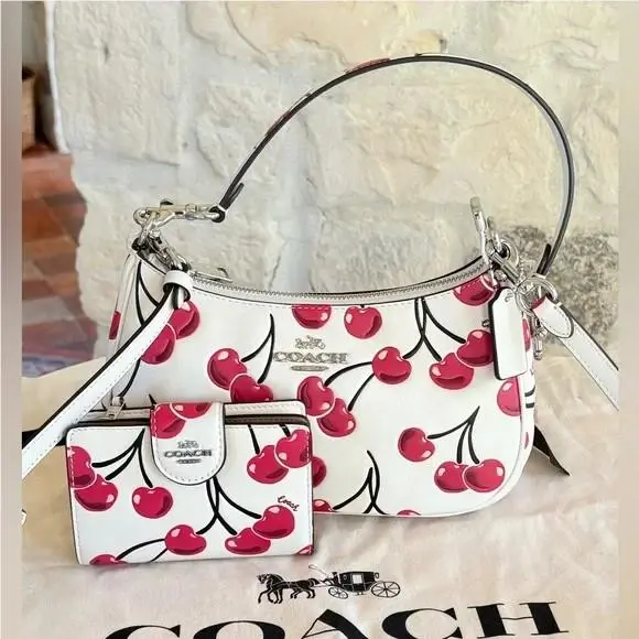 Coach Leather Cherry Teri Shoulder Bag Signature Canvas/corner Zip Wallet Option