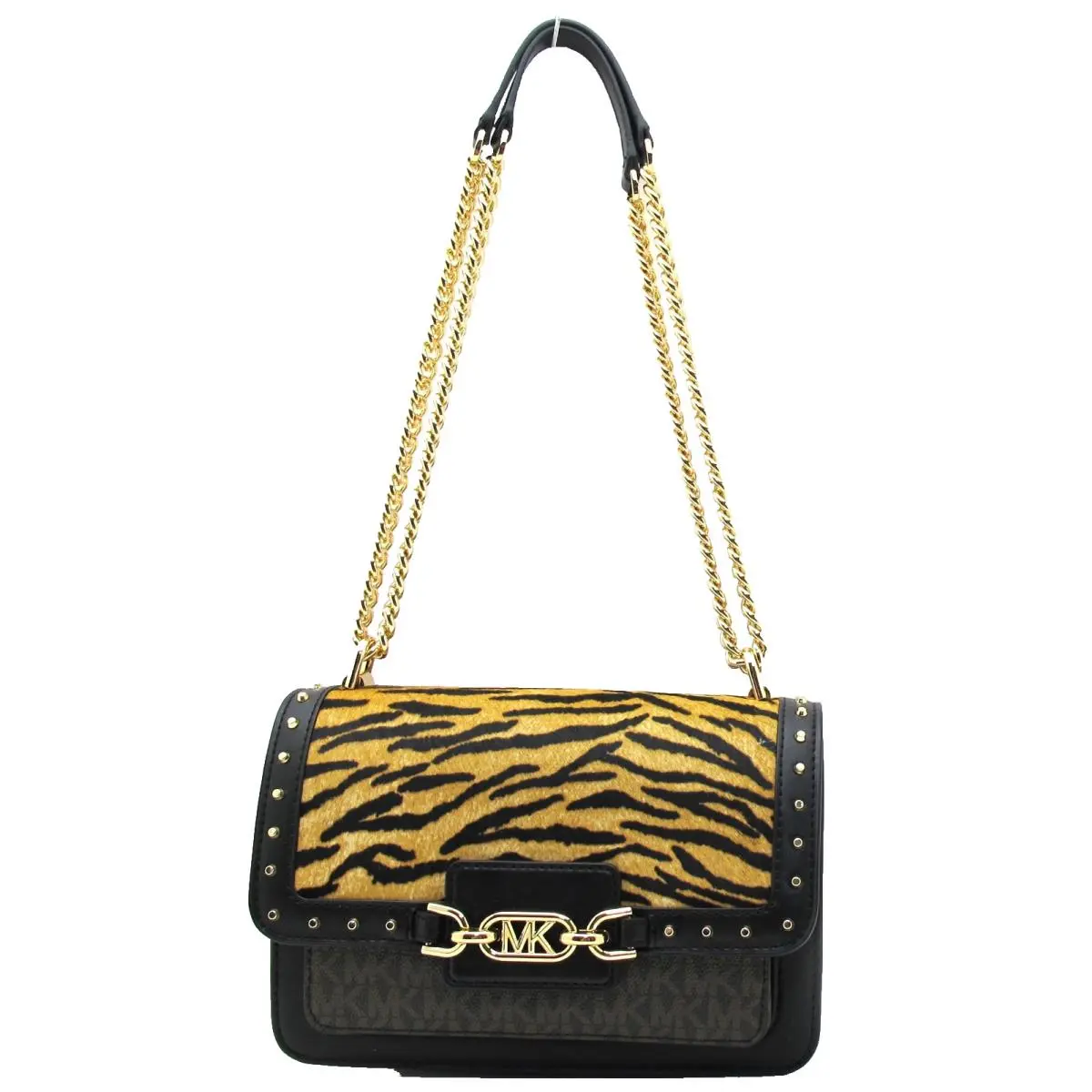 Michael Kors Heather Chain Lg Stud Zebra Print Leather Brown/gold